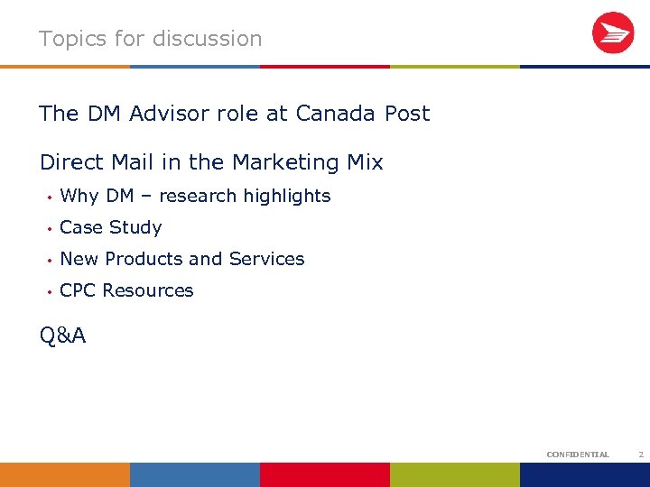 Topics for discussion The DM Advisor role at Canada Post Direct Mail in the
