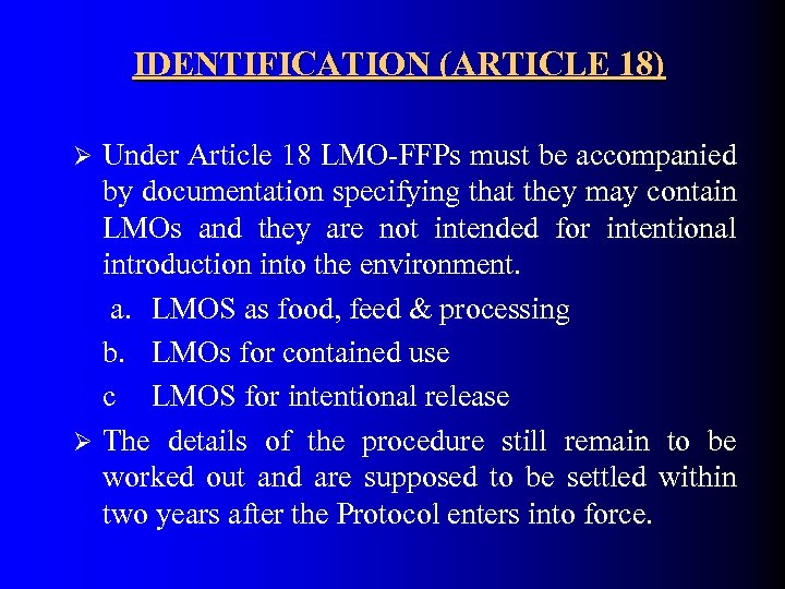 IDENTIFICATION (ARTICLE 18) Under Article 18 LMO-FFPs must be accompanied by documentation specifying that