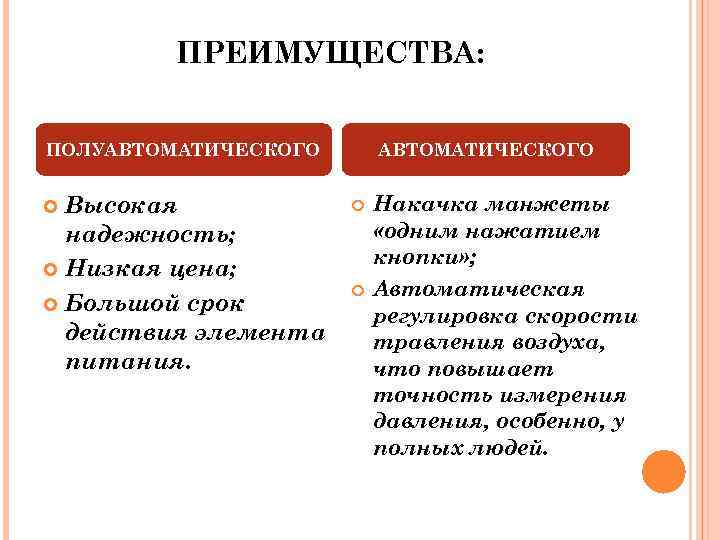 ПРЕИМУЩЕСТВА: ПОЛУАВТОМАТИЧЕСКОГО Высокая надежность; Низкая цена; Большой срок действия элемента питания. АВТОМАТИЧЕСКОГО Накачка манжеты