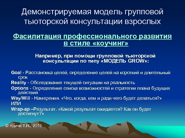 Демонстрируемая модель групповой тьюторской консультации взрослых Фасилитация профессионального развития в стиле «коучинг» Например, при