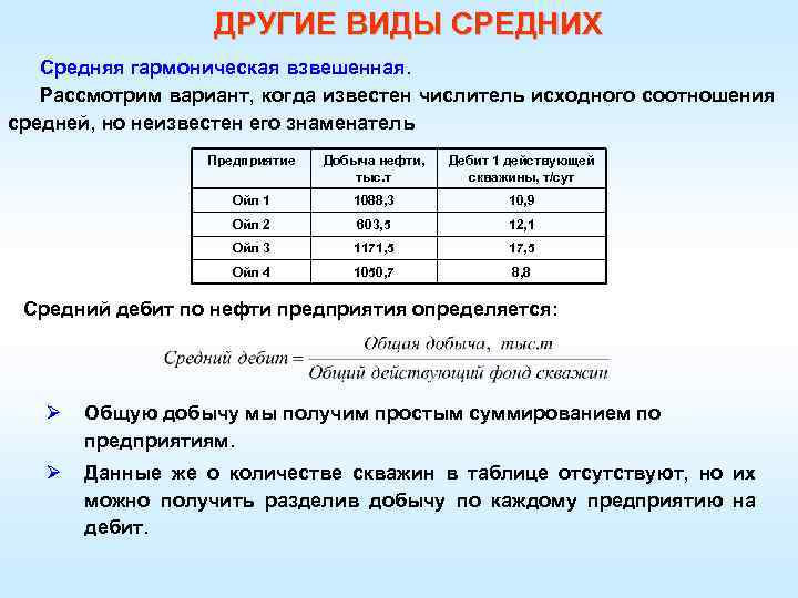 ДРУГИЕ ВИДЫ СРЕДНИХ Средняя гармоническая взвешенная. Рассмотрим вариант, когда известен числитель исходного соотношения средней,