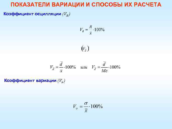 ПОКАЗАТЕЛИ ВАРИАЦИИ И СПОСОБЫ ИХ РАСЧЕТА Коэффициент осцилляции (VR ) Коэффициент вариации (Vσ )