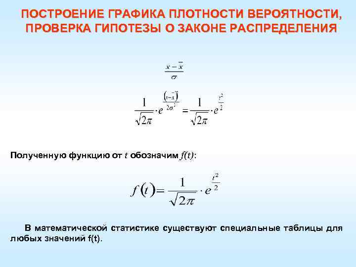 ПОСТРОЕНИЕ ГРАФИКА ПЛОТНОСТИ ВЕРОЯТНОСТИ, ПРОВЕРКА ГИПОТЕЗЫ О ЗАКОНЕ РАСПРЕДЕЛЕНИЯ Полученную функцию от t обозначим