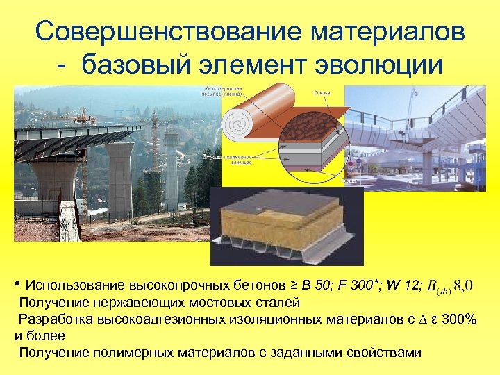 Совершенствование материалов - базовый элемент эволюции • Использование высокопрочных бетонов ≥ В 50; F