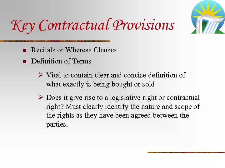 Key Contractual Provisions n Recitals or Whereas Clauses n Definition of Terms Ø Vital