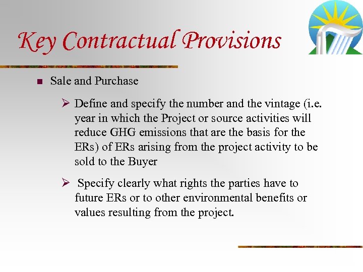 Key Contractual Provisions n Sale and Purchase Ø Define and specify the number and
