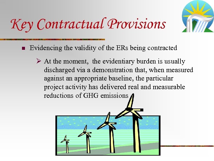 Key Contractual Provisions n Evidencing the validity of the ERs being contracted Ø At