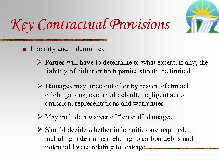 Key Contractual Provisions n Liability and Indemnities Ø Parties will have to determine to