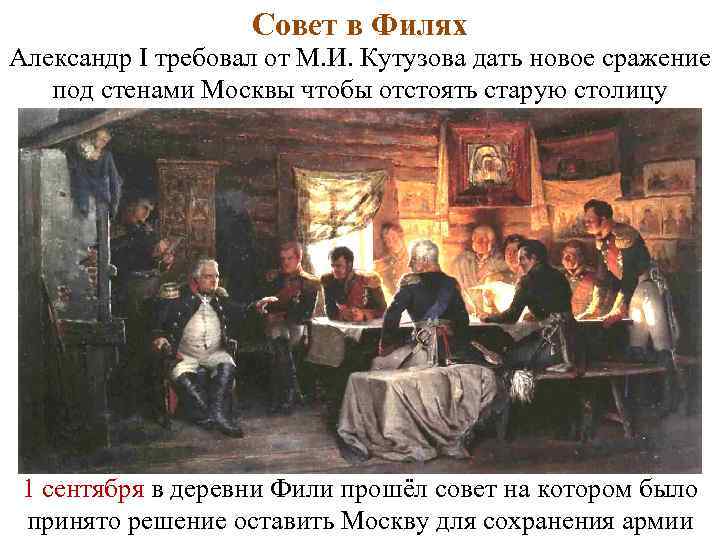 Совет в Филях Александр I требовал от М. И. Кутузова дать новое сражение под