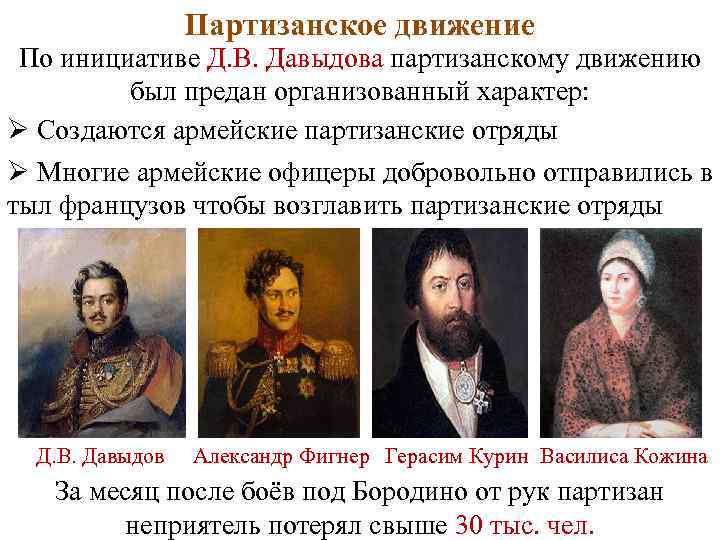 Партизанское движение По инициативе Д. В. Давыдова партизанскому движению был предан организованный характер: Ø