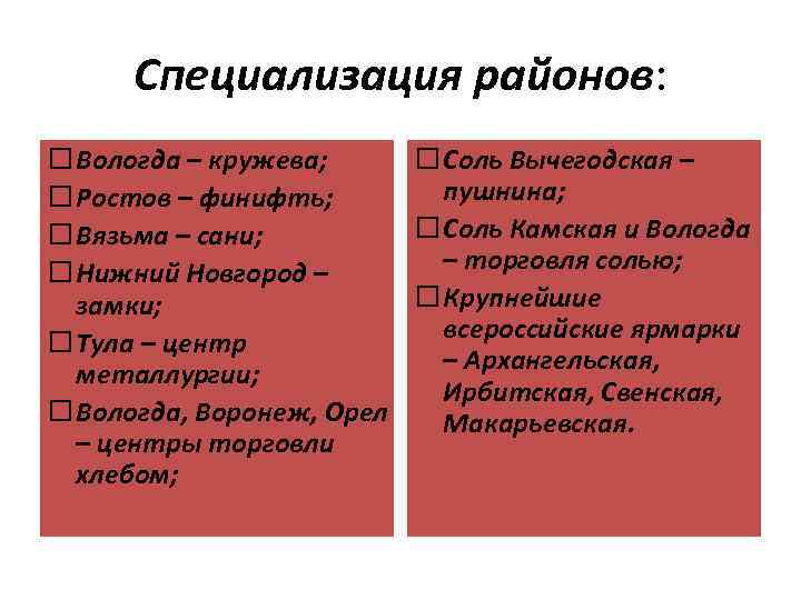 Специализация районов: Вологда – кружева; Соль Вычегодская – пушнина; Ростов – финифть; Соль Камская