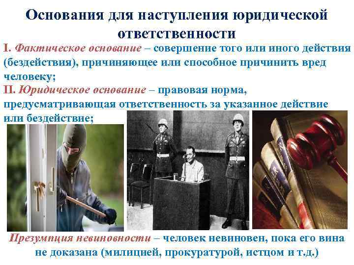 Основания для наступления юридической ответственности I. Фактическое основание – совершение того или иного действия