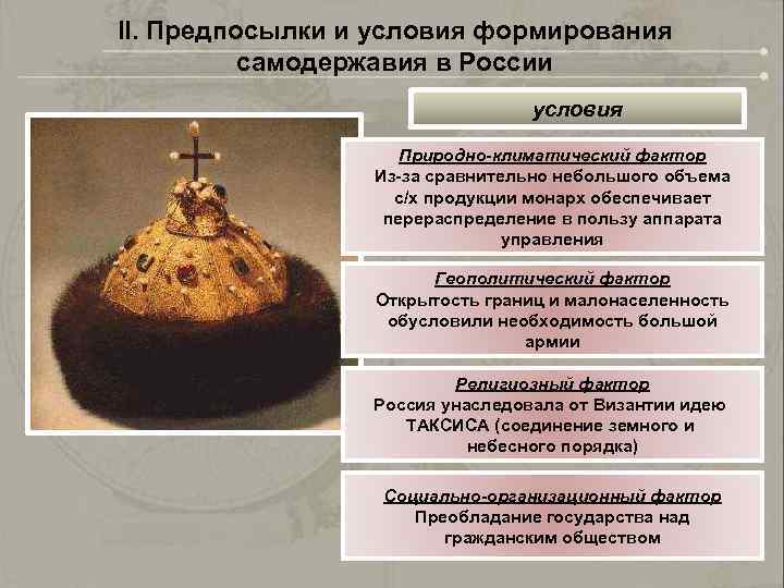 II. Предпосылки и условия формирования самодержавия в России условия Природно-климатический фактор Из-за сравнительно небольшого
