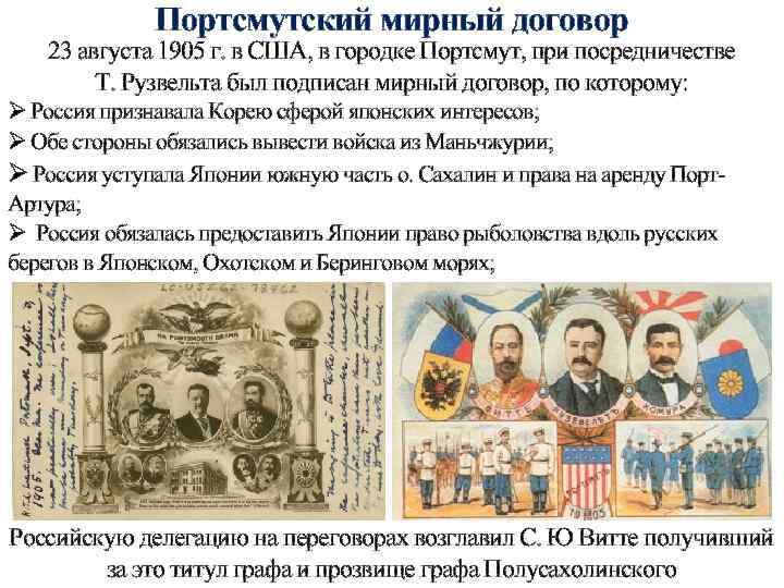 Портсмутский мирный договор 23 августа 1905 г. в США, в городке Портсмут, при посредничестве