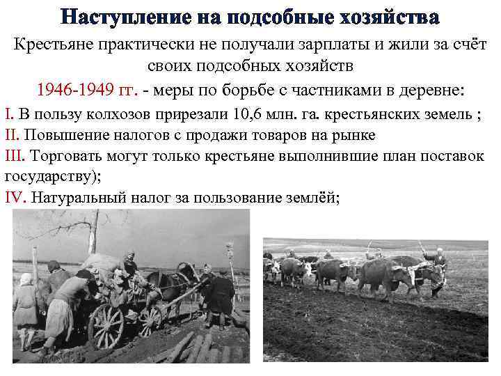 Наступление на подсобные хозяйства Крестьяне практически не получали зарплаты и жили за счёт своих