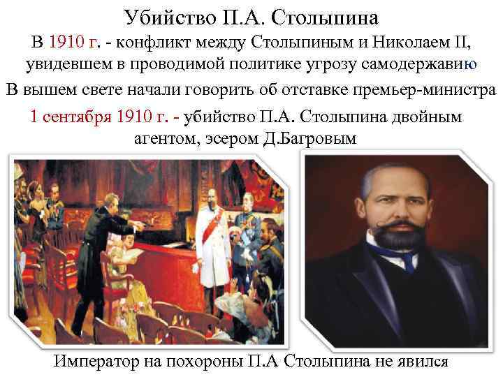 Убийство П. А. Столыпина В 1910 г. - конфликт между Столыпиным и Николаем II,