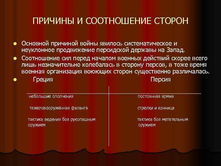 ПРИЧИНЫ И СООТНОШЕНИЕ СТОРОН Основной причиной войны явилось систематическое и неуклонное продвижение персидской державы