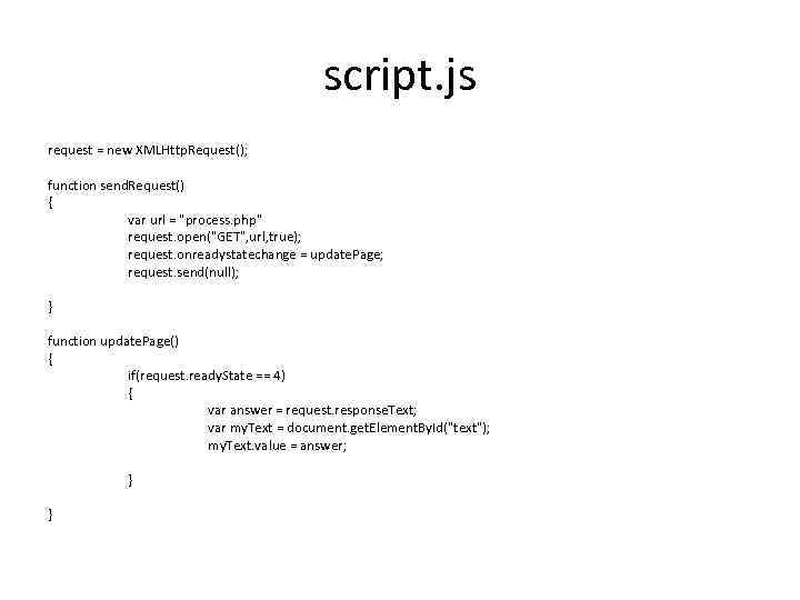 script. js request = new XMLHttp. Request(); function send. Request() { var url =