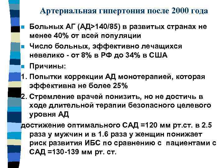 Артериальная гипертония после 2000 года Больных АГ (АД>140/85) в развитых странах не менее 40%