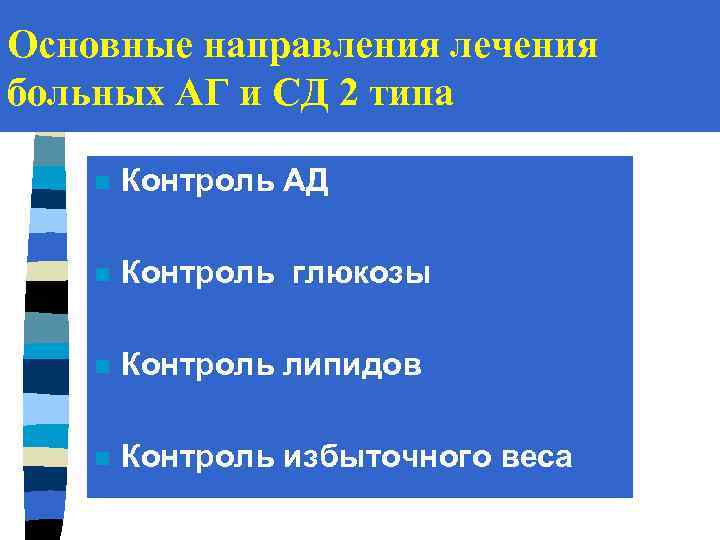 Основные направления лечения больных АГ и СД 2 типа n Контроль АД n Контроль