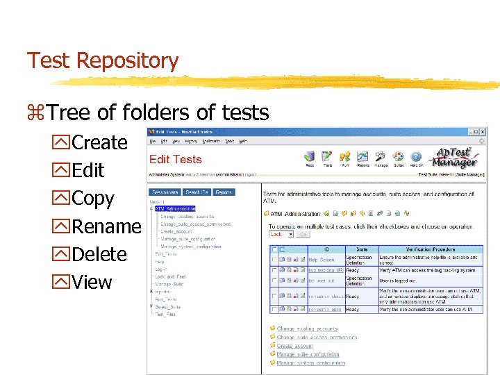 Test Repository z. Tree of folders of tests y. Create y. Edit y. Copy