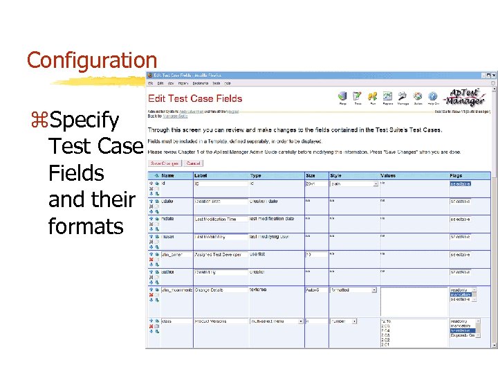 Configuration z. Specify Test Case Fields and their formats 