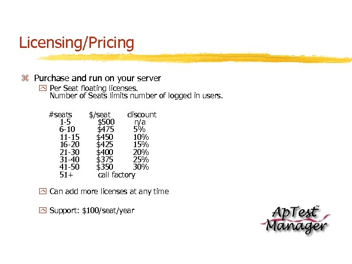 Licensing/Pricing z Purchase and run on your server y Per Seat floating licenses. Number