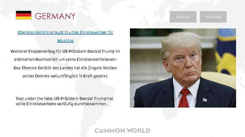 GERMANY Oberstes Gericht erlaubt Trumps Einreiseverbot für Muslime Weiterer Etappenerfolg für US-Präsident Donald Trump