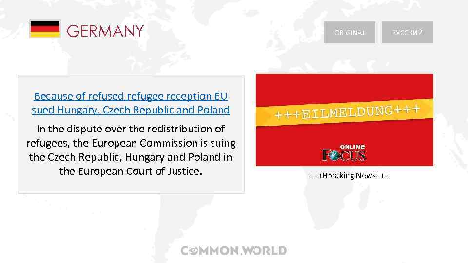 GERMANY ORIGINAL Because of refused refugee reception EU sued Hungary, Czech Republic and Poland