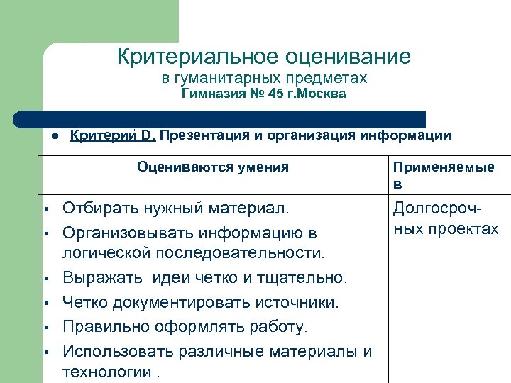 Критериальное оценивание в гуманитарных предметах Гимназия № 45 г. Москва l Критерий D. Презентация