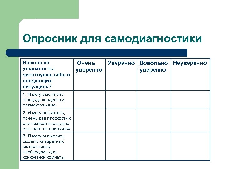 Опросник для самодиагностики Насколько уверенно ты чувствуешь себя в следующих ситуациях? 1. Я могу