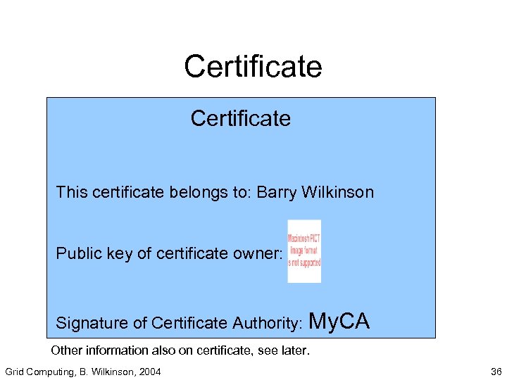 Certificate This certificate belongs to: Barry Wilkinson Public key of certificate owner: Signature of