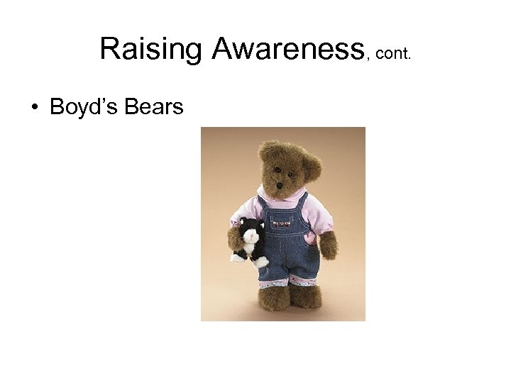 Raising Awareness, cont. • Boyd’s Bears 