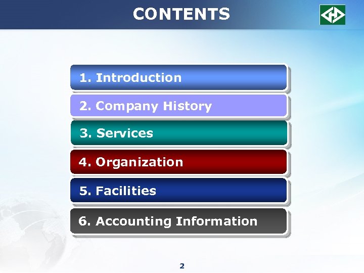 CONTENTS 1. Introduction 2. Company History 3. Services 4. Organization 5. Facilities 6. Accounting