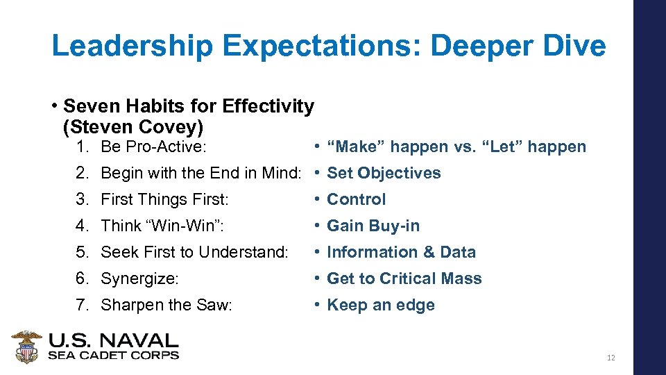 Leadership Expectations: Deeper Dive • Seven Habits for Effectivity (Steven Covey) 1. Be Pro-Active: