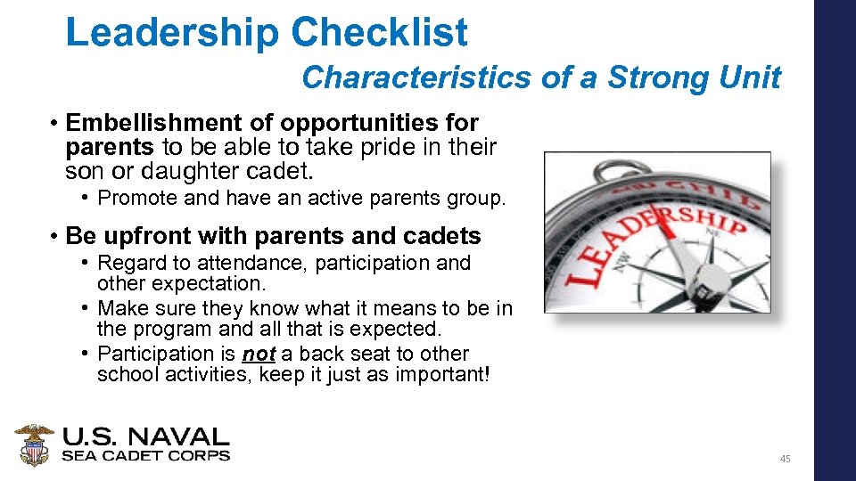 Leadership Checklist Characteristics of a Strong Unit • Embellishment of opportunities for parents to