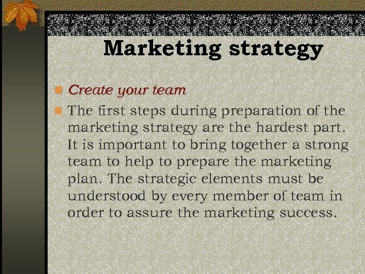 Marketing strategy n Create your team n The first steps during preparation of the