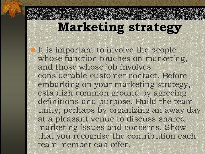 Marketing strategy n It is important to involve the people whose function touches on