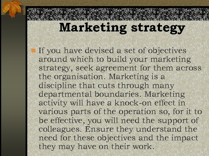 Marketing strategy n If you have devised a set of objectives around which to