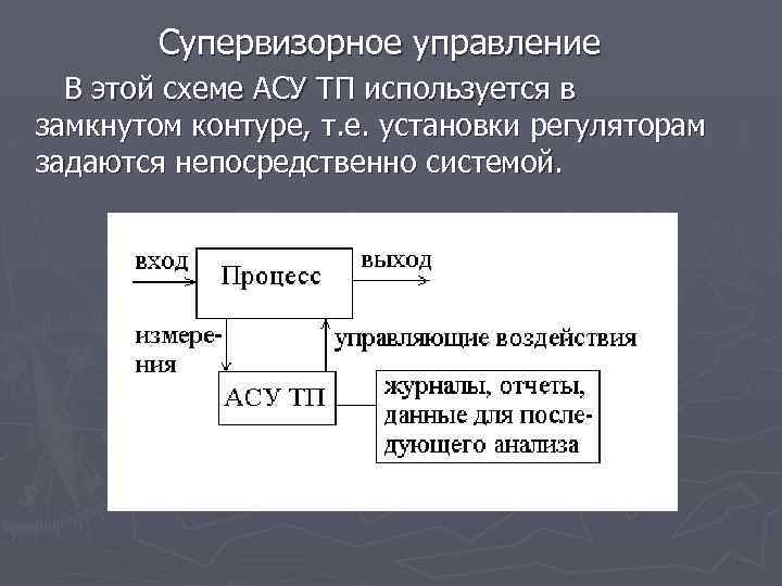 Супервизорное управление В этой схеме АСУ ТП используется в замкнутом контуре, т. е. установки