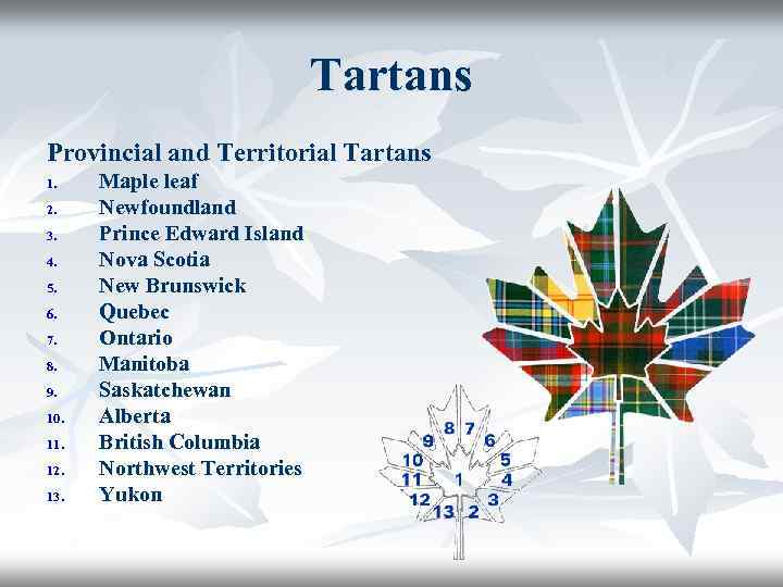 Tartans Provincial and Territorial Tartans 1. 2. 3. 4. 5. 6. 7. 8. 9.
