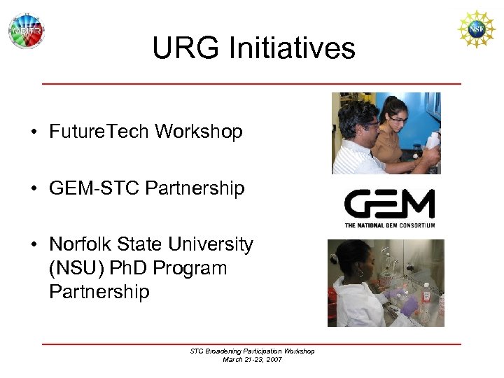 URG Initiatives • Future. Tech Workshop • GEM-STC Partnership • Norfolk State University (NSU)