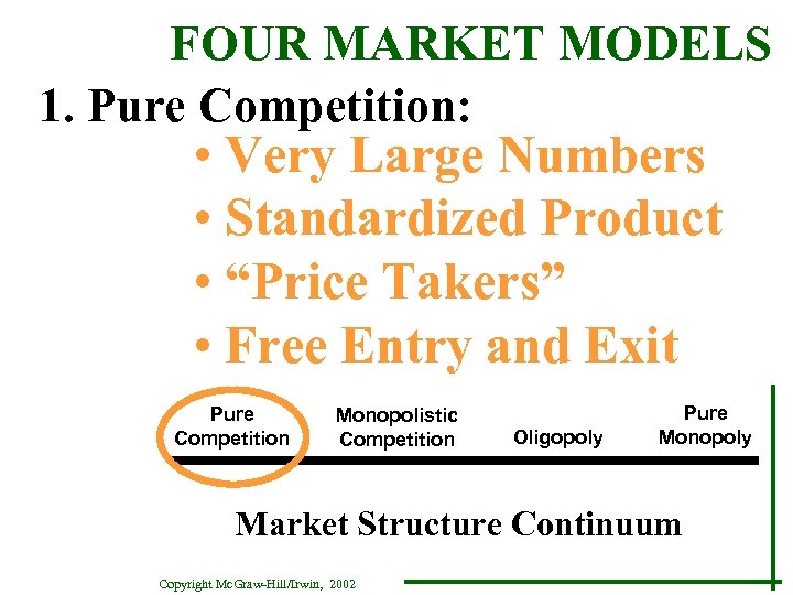 FOUR MARKET MODELS 1. Pure Competition: • Very Large Numbers • Standardized Product •