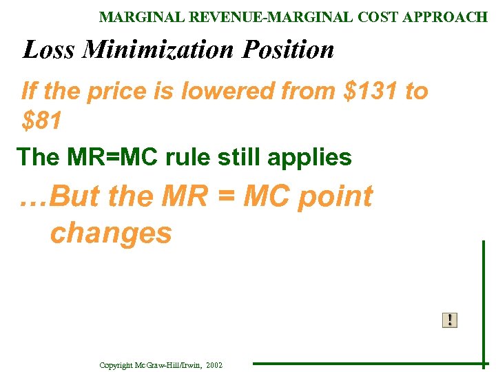 MARGINAL REVENUE-MARGINAL COST APPROACH Loss Minimization Position If the price is lowered from $131