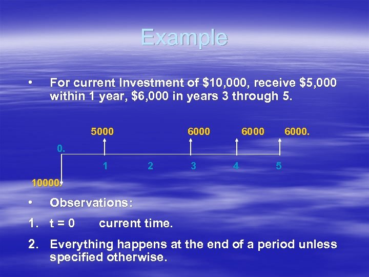 Example • For current Investment of $10, 000, receive $5, 000 within 1 year,