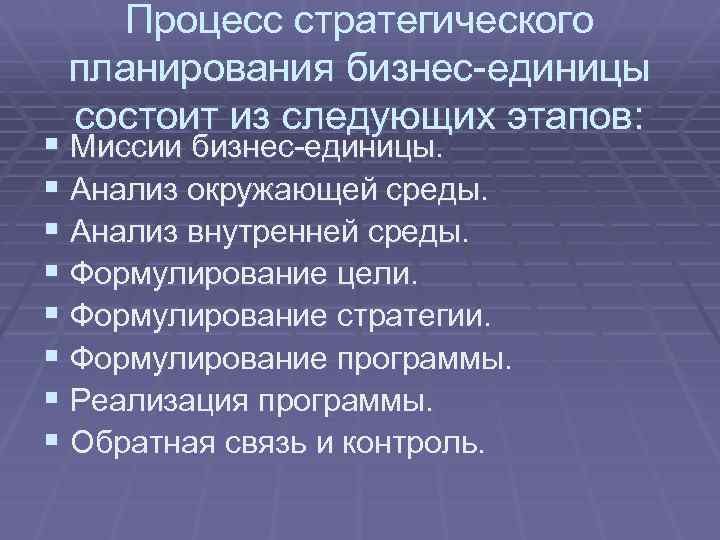 Процесс стратегического планирования бизнес-единицы состоит из следующих этапов: § Миссии бизнес-единицы. § Анализ окружающей