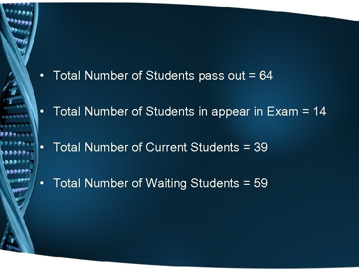  • Total Number of Students pass out = 64 • Total Number of