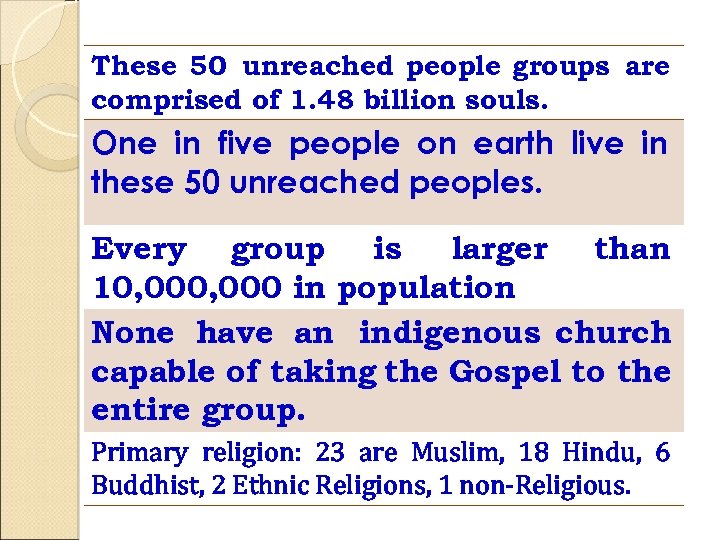 These 50 unreached people groups are comprised of 1. 48 billion souls. One in