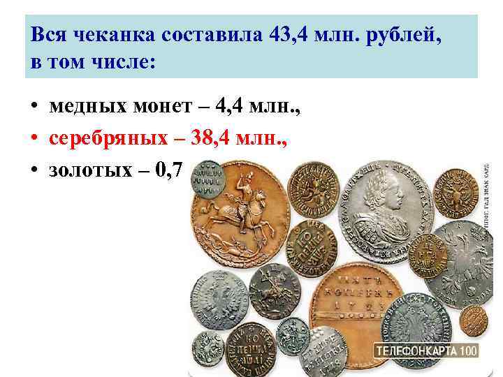 Вся чеканка составила 43, 4 млн. рублей, в том числе: • медных монет –