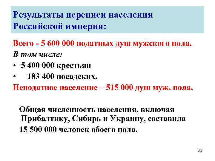 Результаты переписи населения Российской империи: Всего - 5 600 000 податных душ мужского пола.